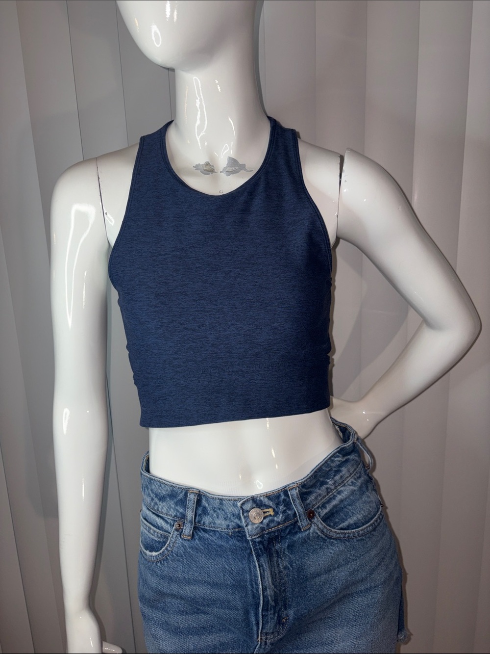 Outdoor Voices Navy Heather Slashback High-Neck Crop Top - Small